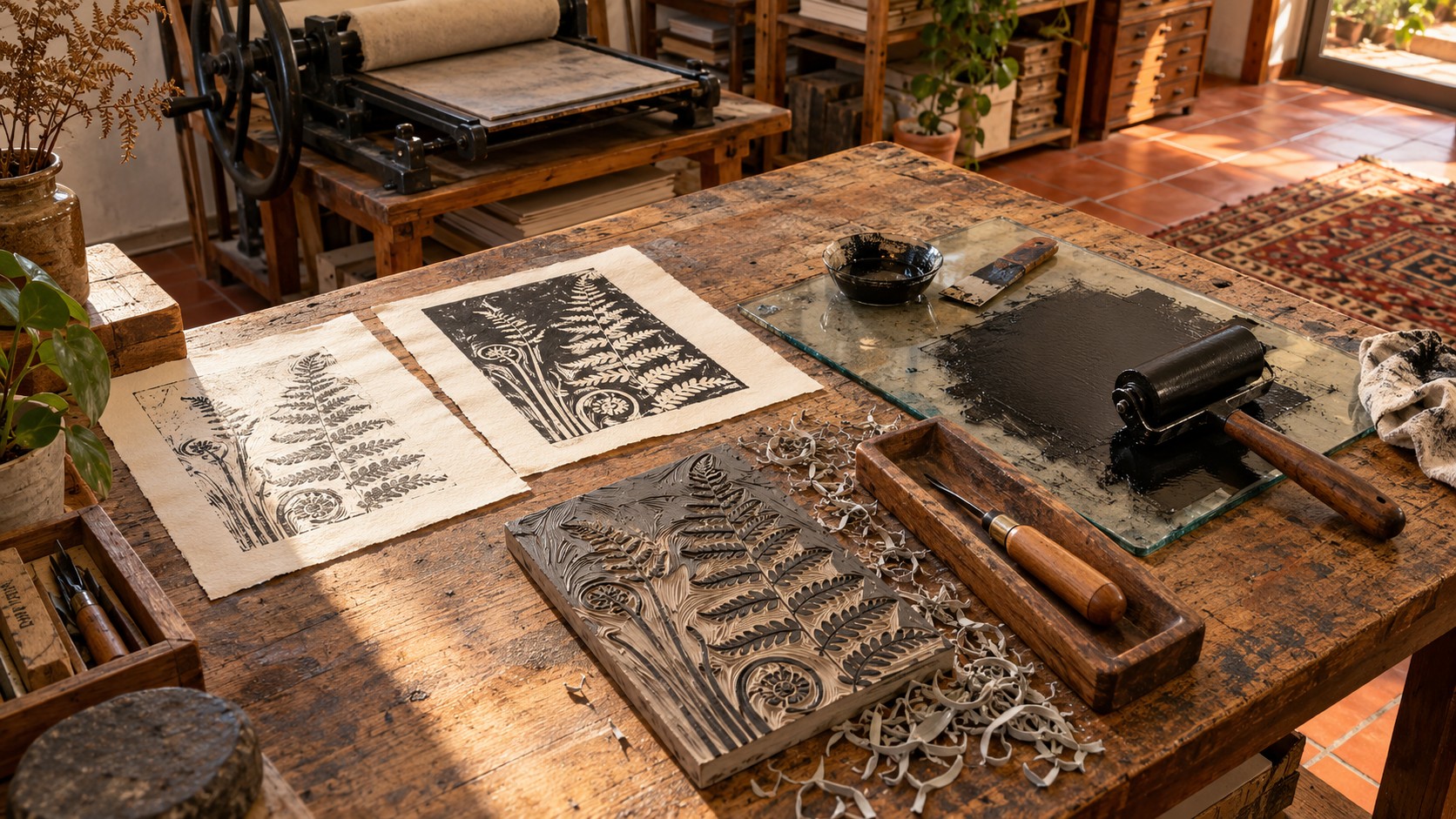 Unfinished botanical linocut block, carving tools, ink roller and trial prints on a wooden workbench in a sunlit printmaking studio.
