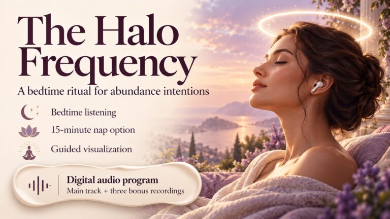 The Halo Frequency banner featuring a woman wearing an earbud beneath a symbolic halo, with bedtime listening, a nap option, and guided visualization.
