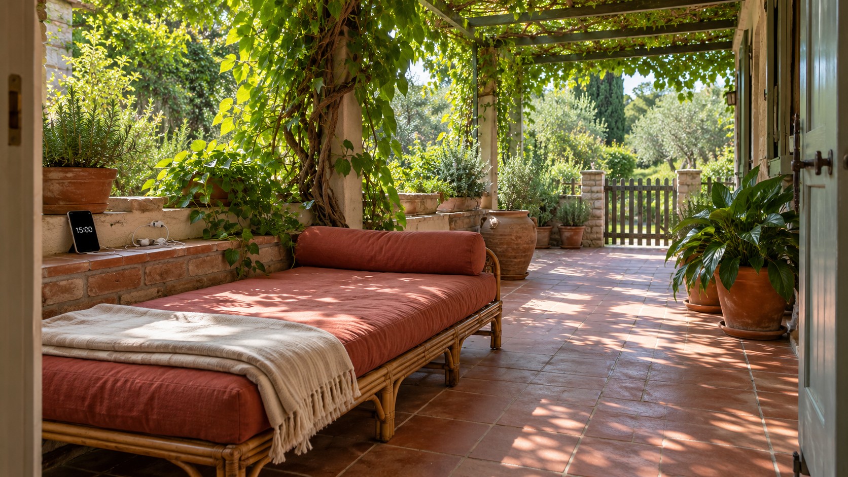 People-free garden veranda with a terracotta-colored daybed, folded throw, wired headphones, and a phone displaying 15:00 beneath a leafy pergola.