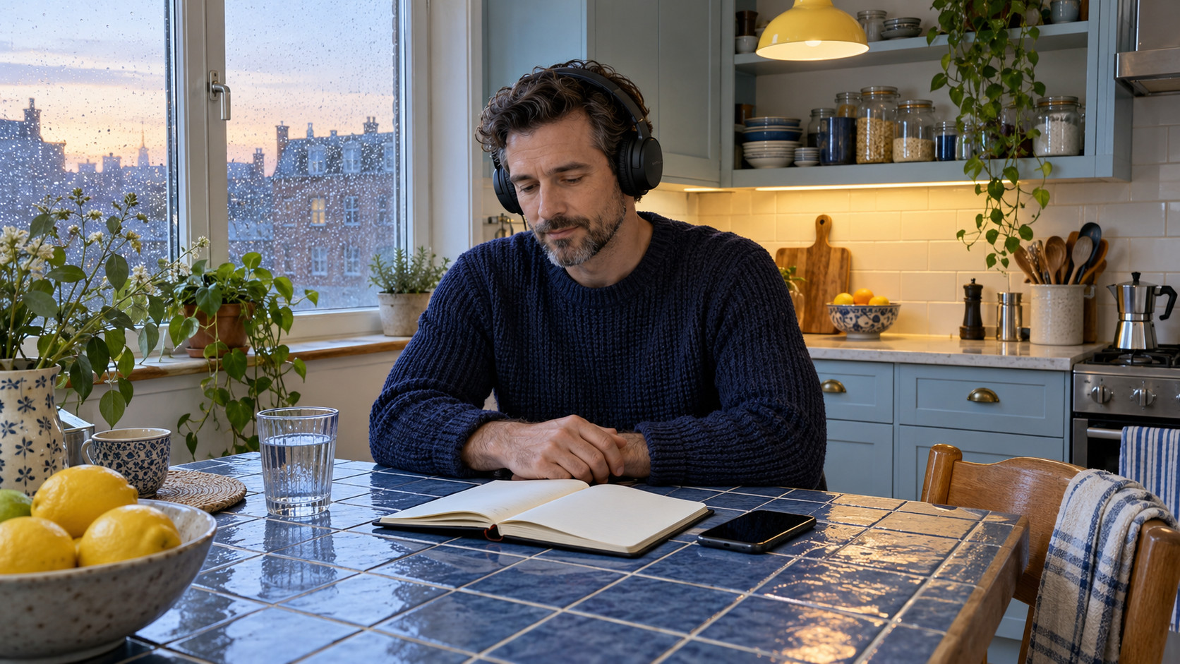 Man wearing headphones at a blue kitchen table beside an open notebook during a quiet morning.