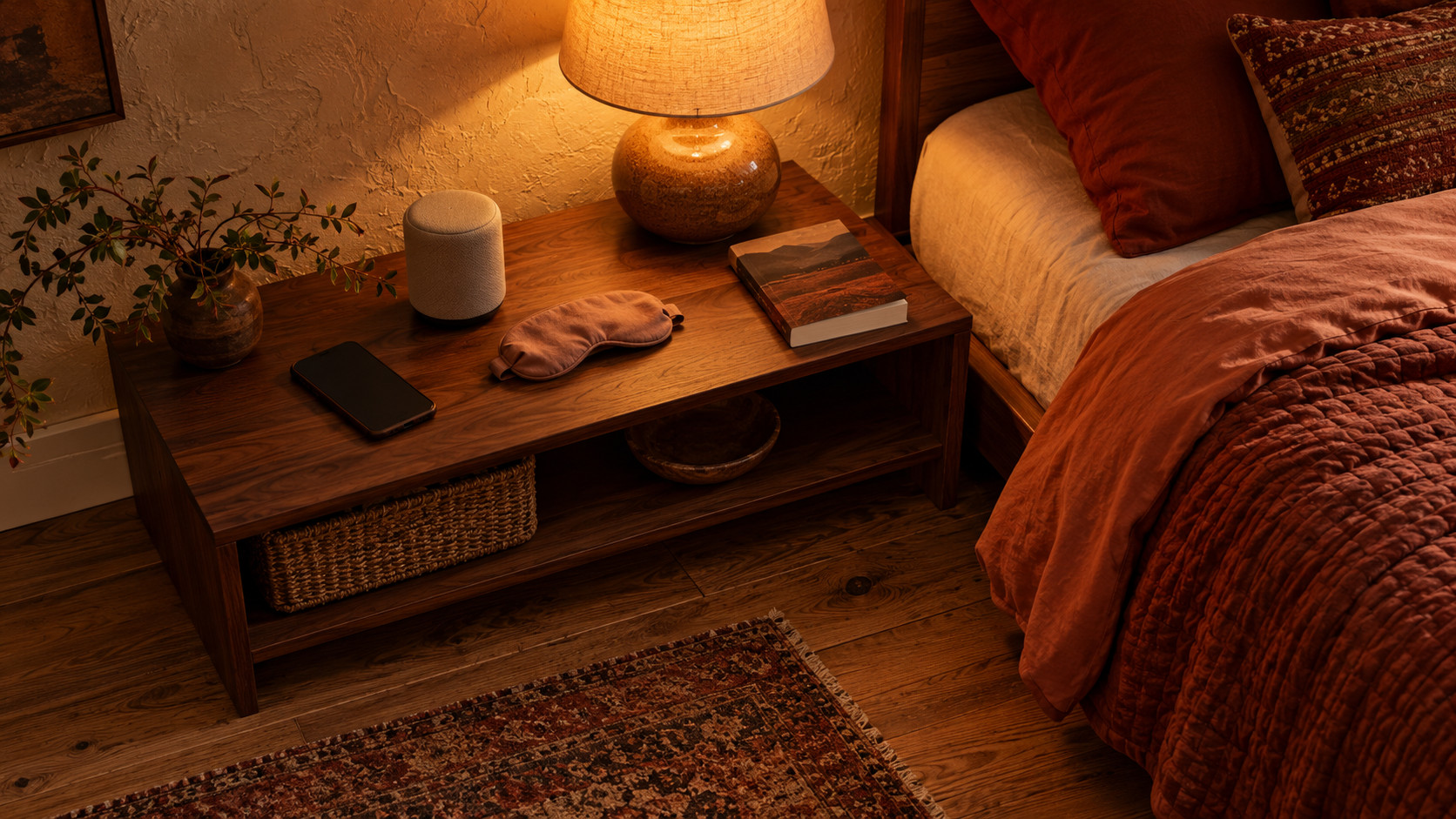 Warmly lit bedside shelf with a compact speaker, phone, sleep mask and book beside terracotta bedding.