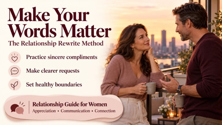 The Relationship Rewrite Method: Words to Help Women Reconnect The Relationship Rewrite Method banner featuring a couple on a balcony and guidance on compliments, requests and boundaries