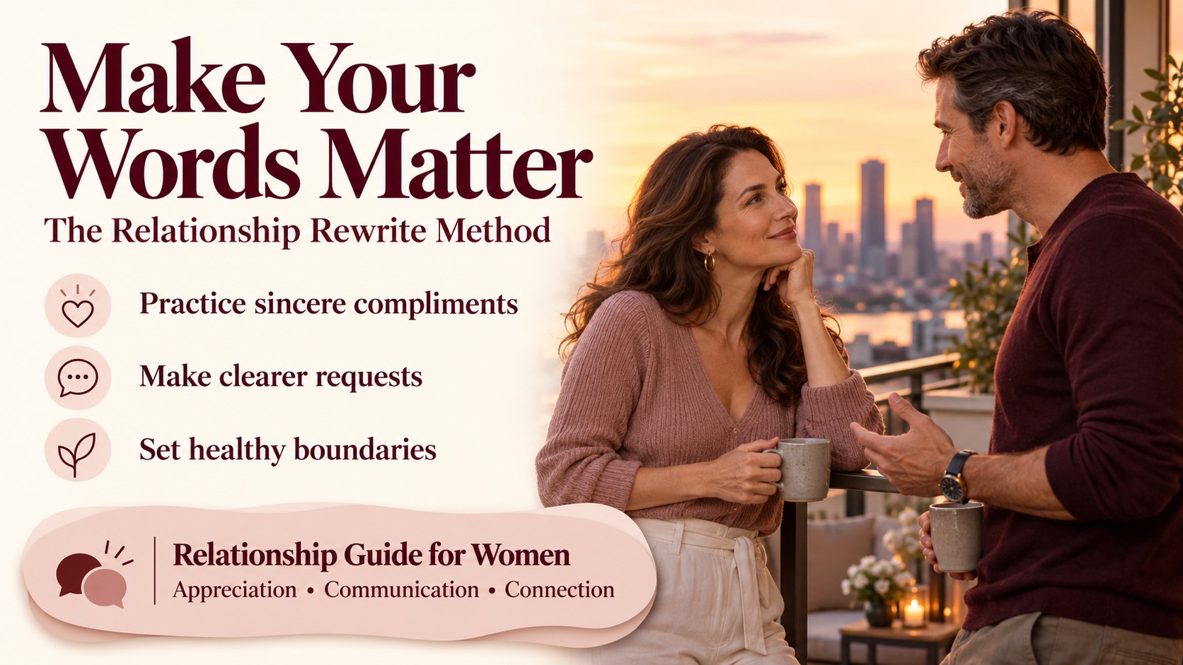 The Relationship Rewrite Method banner featuring a couple on a balcony and guidance on compliments, requests and boundaries