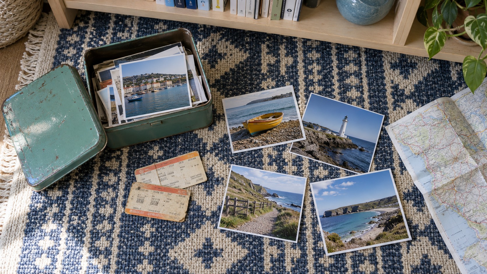 Holiday photographs, train tickets and a folded map beside an open green keepsake tin on a blue patterned rug.