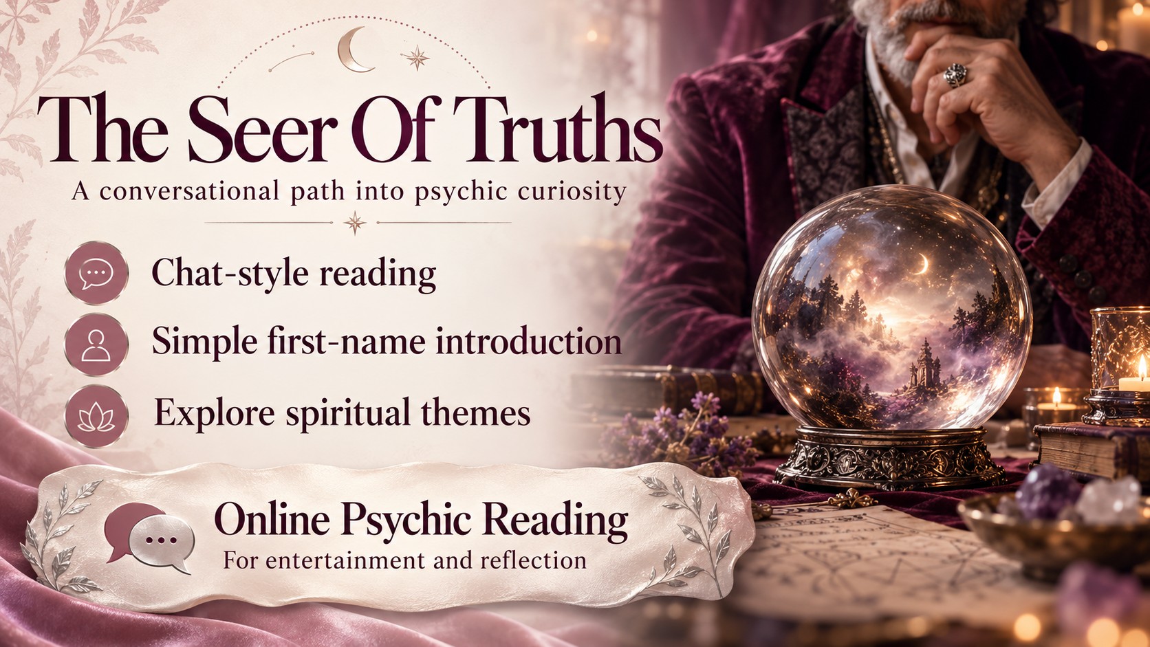 The Seer Of Truths banner with a crystal sphere, an anonymous storyteller and three features of the online reading