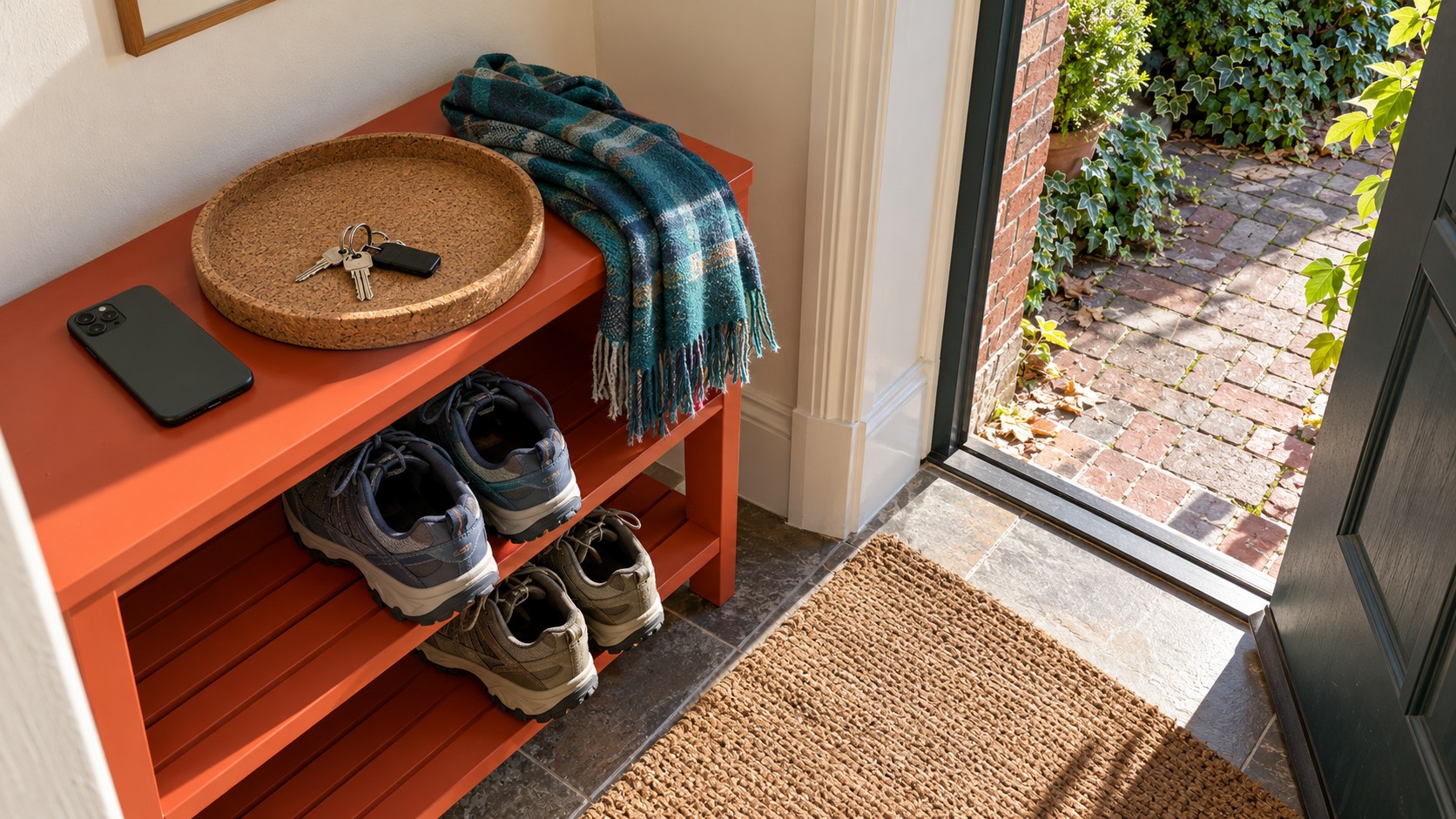 Face-down smartphone, keys and a teal scarf on an orange entryway shelf above walking shoes beside an open courtyard door.