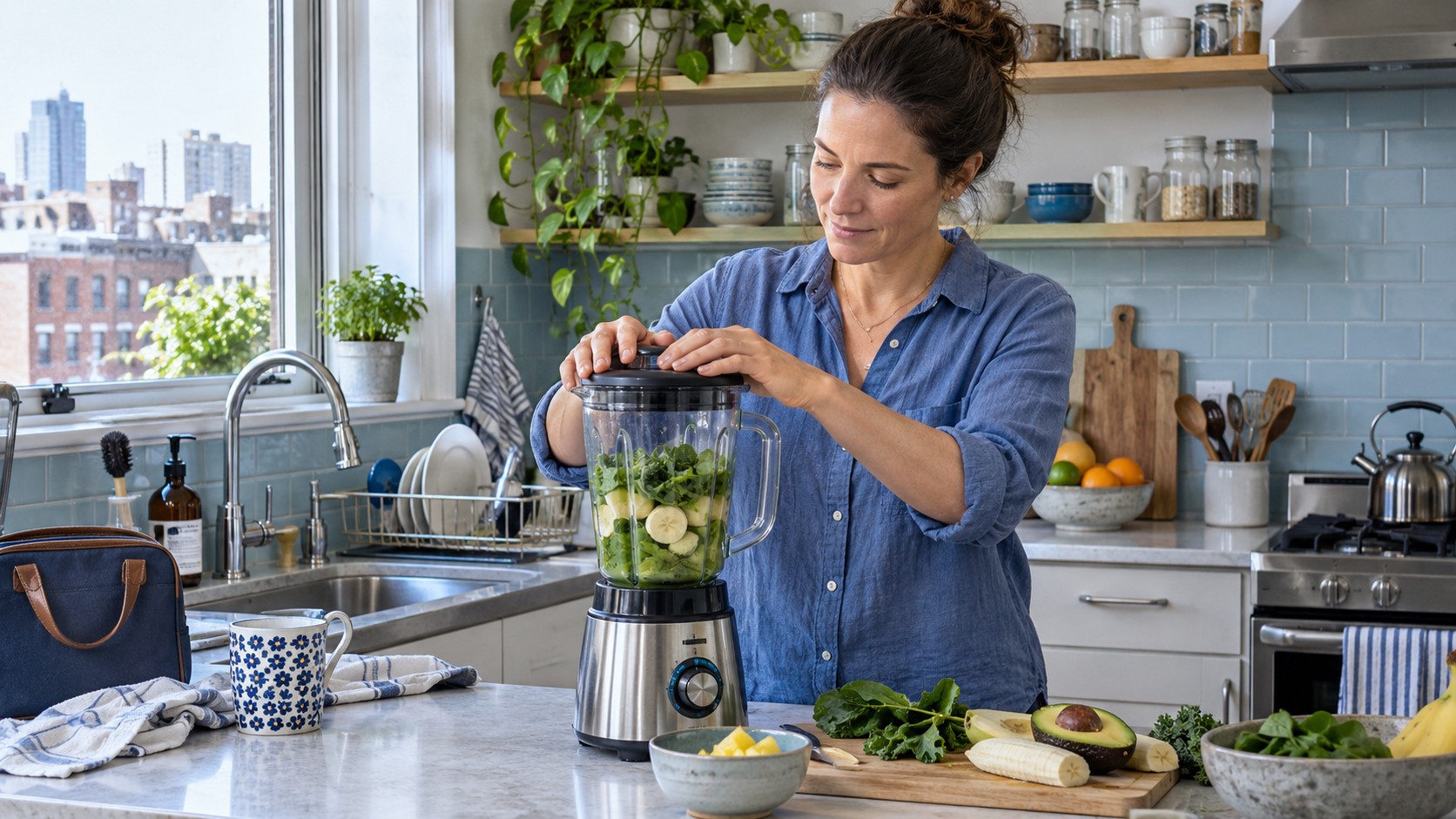 Woman securing the lid of a blender filled with fruit and leafy greens in a blue-tiled kitchen.