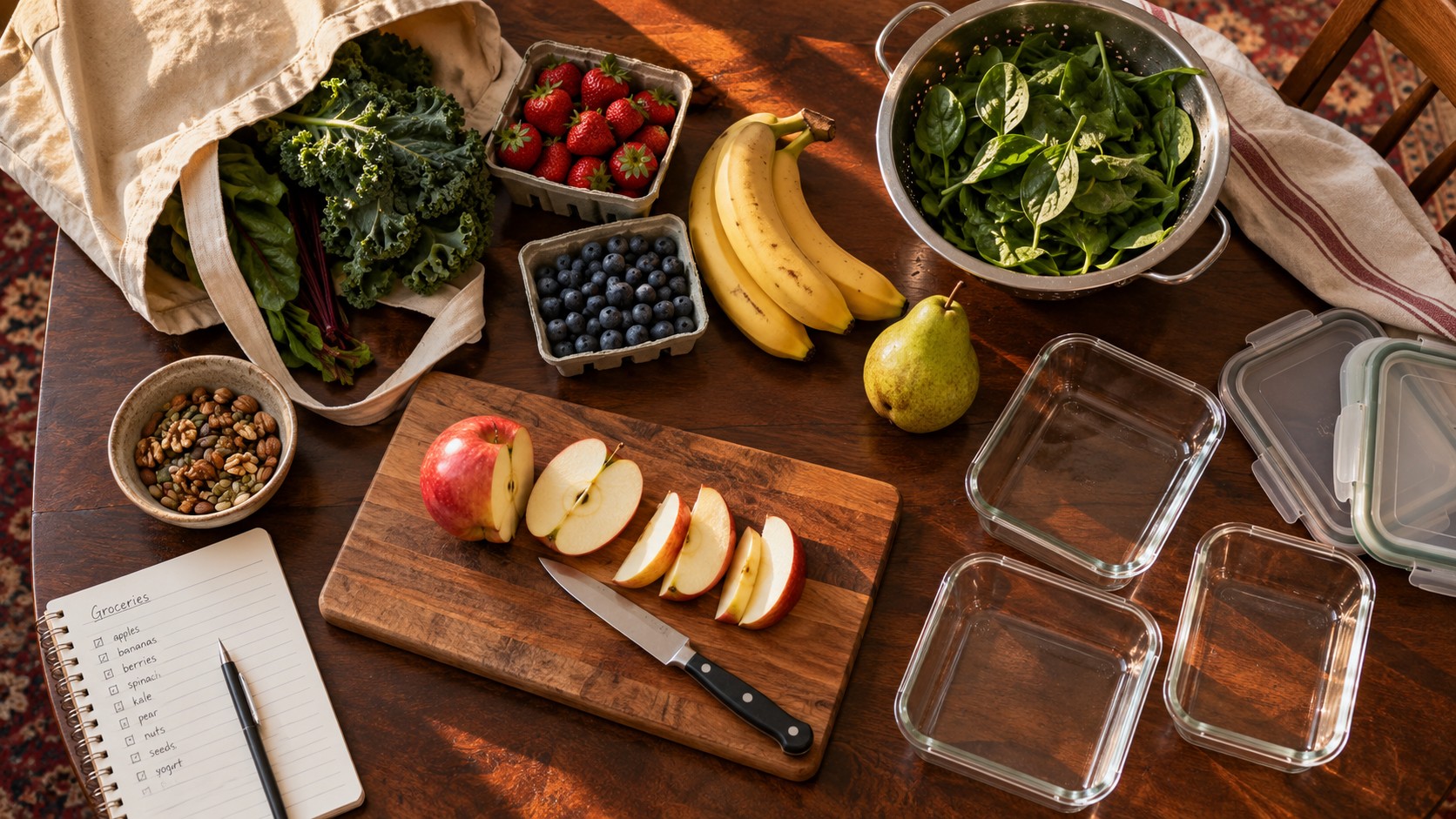 Fresh fruit, leafy greens, a grocery checklist and empty storage containers arranged on a wooden table.
