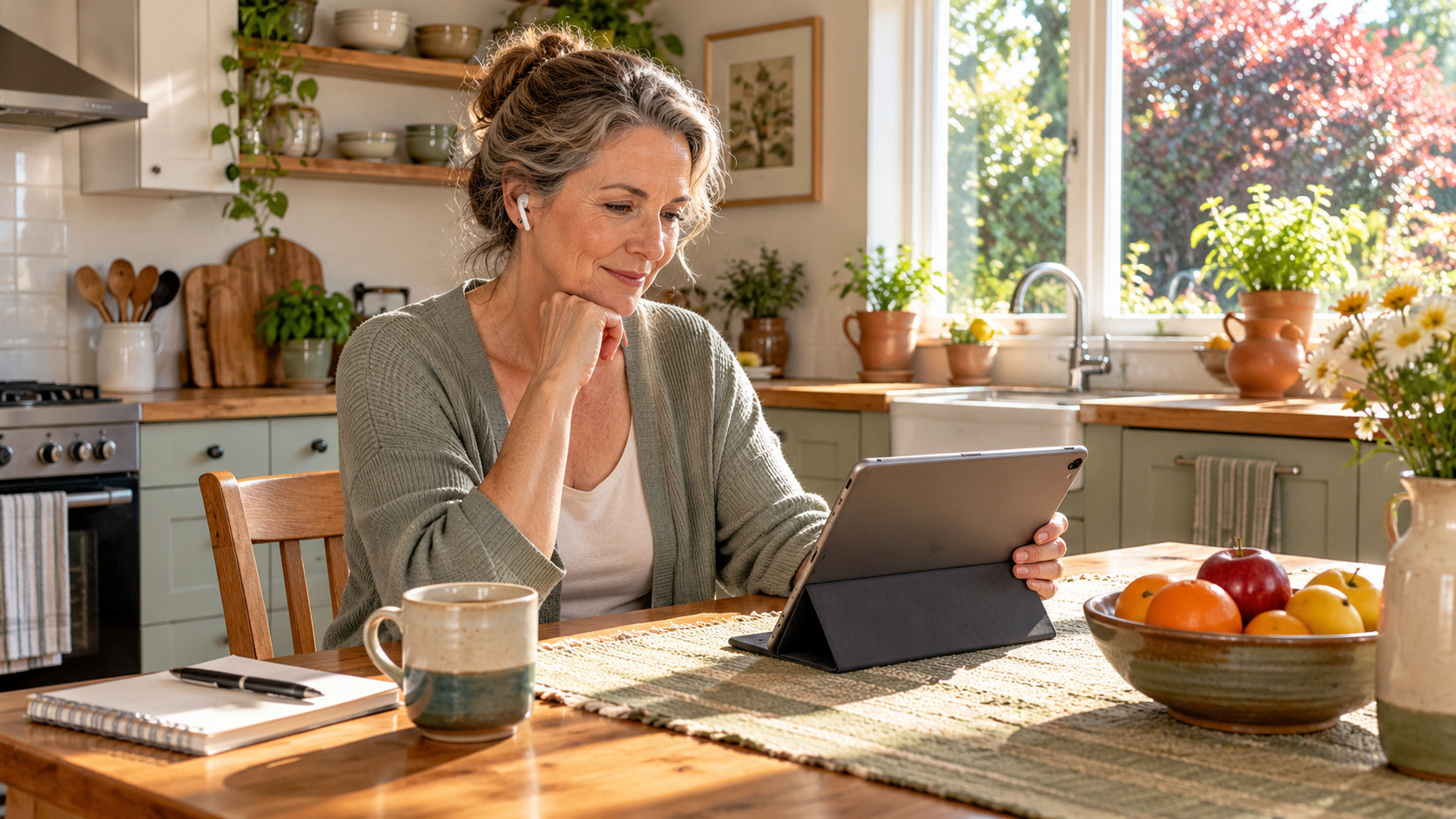 Woman wearing earbuds while studying a tablet at a sunlit kitchen table before a practice session.