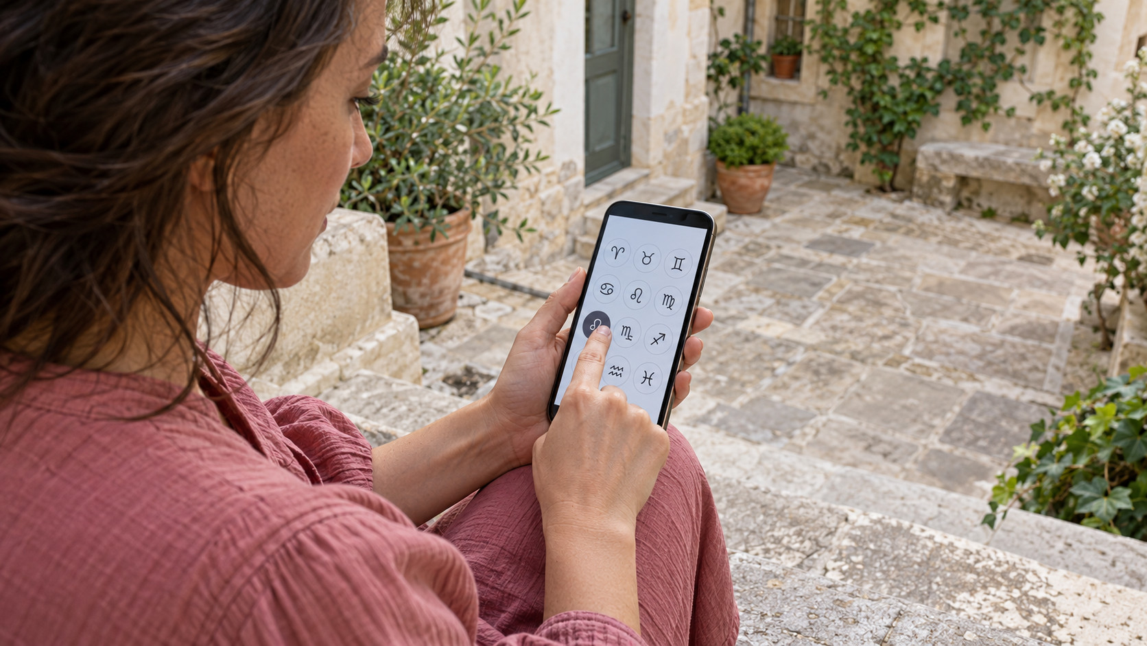 Woman selecting a zodiac symbol on a smartphone while seated on a sheltered courtyard step.