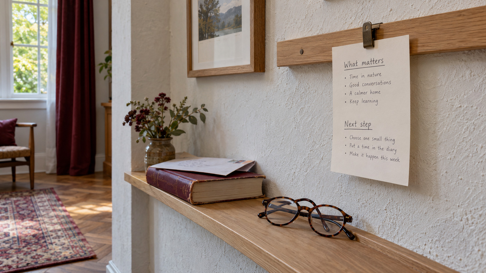Reflection card with the headings What matters and Next step clipped in a reading alcove.
