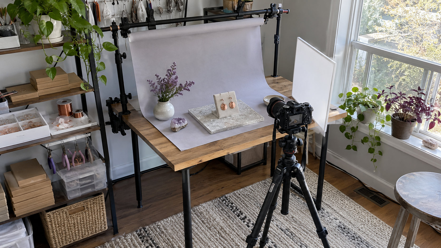 Camera on a tripod ready to photograph handmade copper earrings in a small home studio.