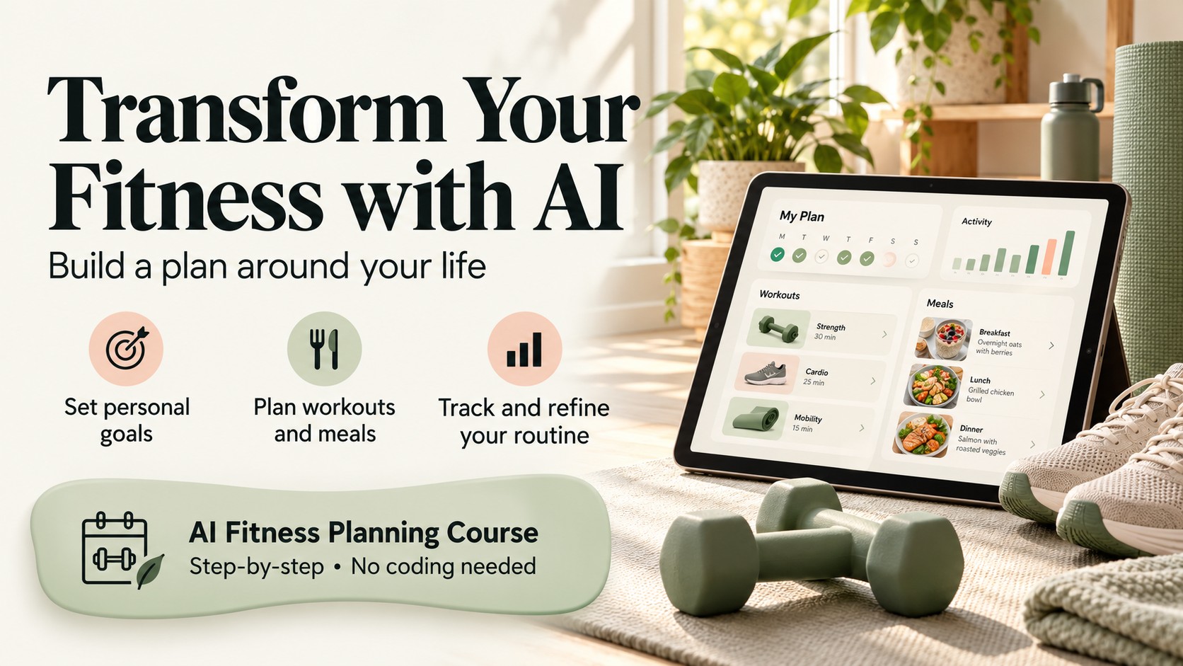 Cream and sage banner featuring a fitness-planning tablet, dumbbells and running shoes, with benefits covering personal goals, workout and meal planning, and routine adjustments.