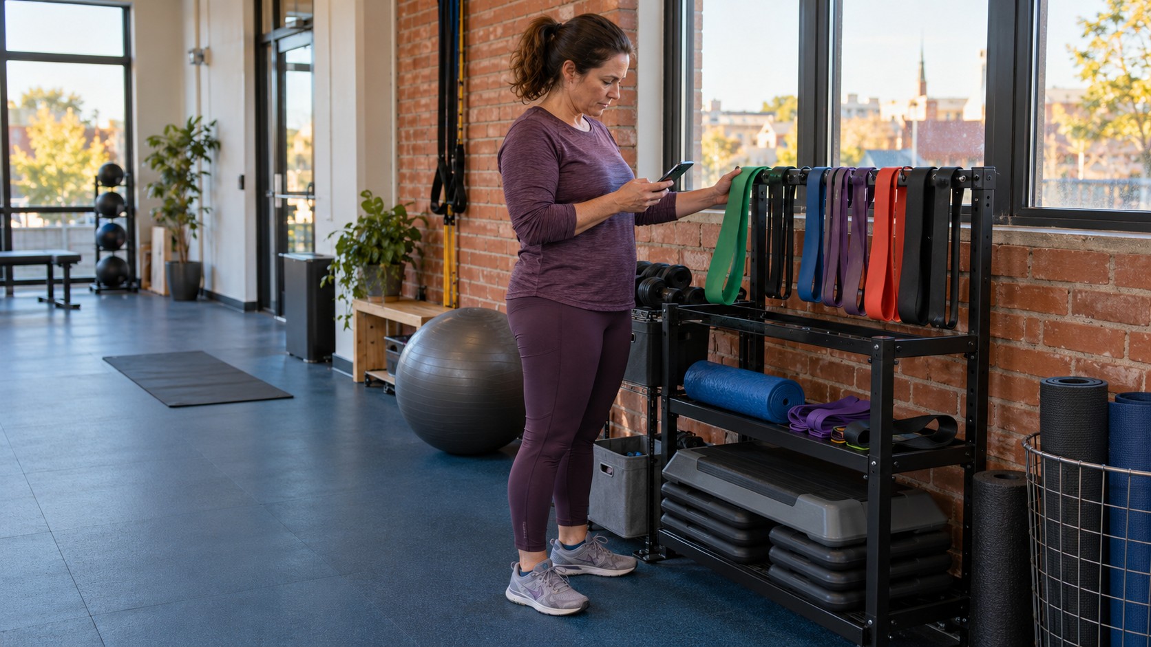 Woman in plum workout clothing checking her smartphone beside a resistance-band rack, exercise mats and a step platform in a fitness studio.