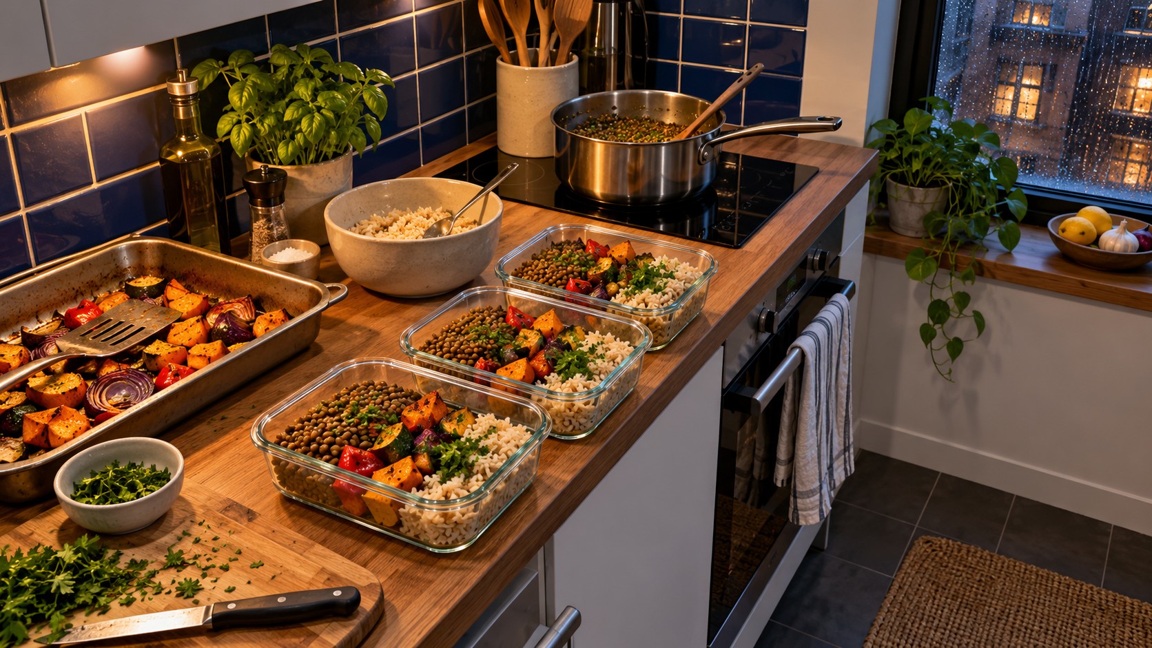Three glass meal containers holding lentils, rice and roasted vegetables on a kitchen counter beside cooking utensils and a rain-covered window.