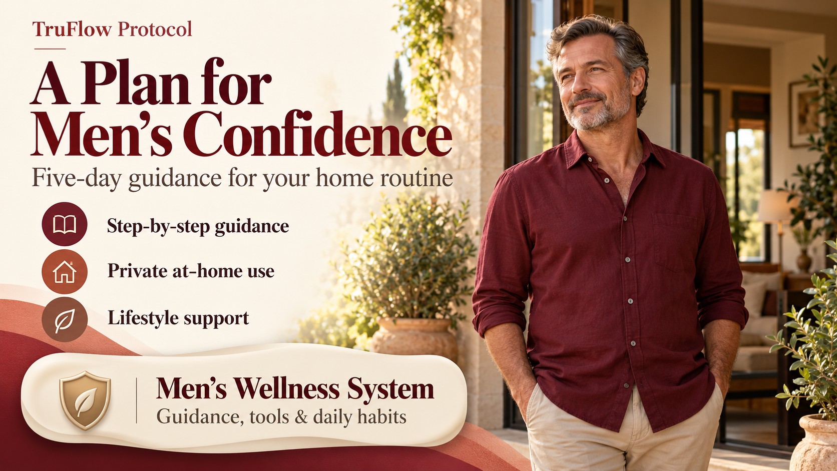 TruFlow Protocol banner with a mature man in a burgundy shirt, three program features and a sculpted cream information panel.