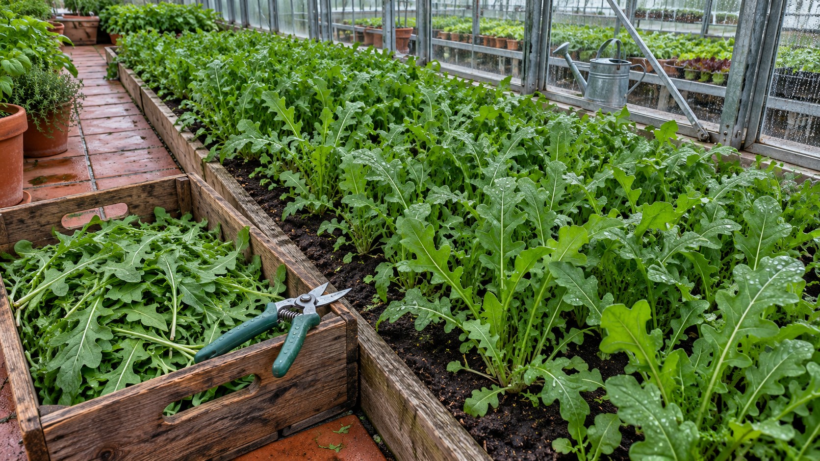 Arugula growing in greenhouse beds beside a wooden harvest crate and pruning shears.