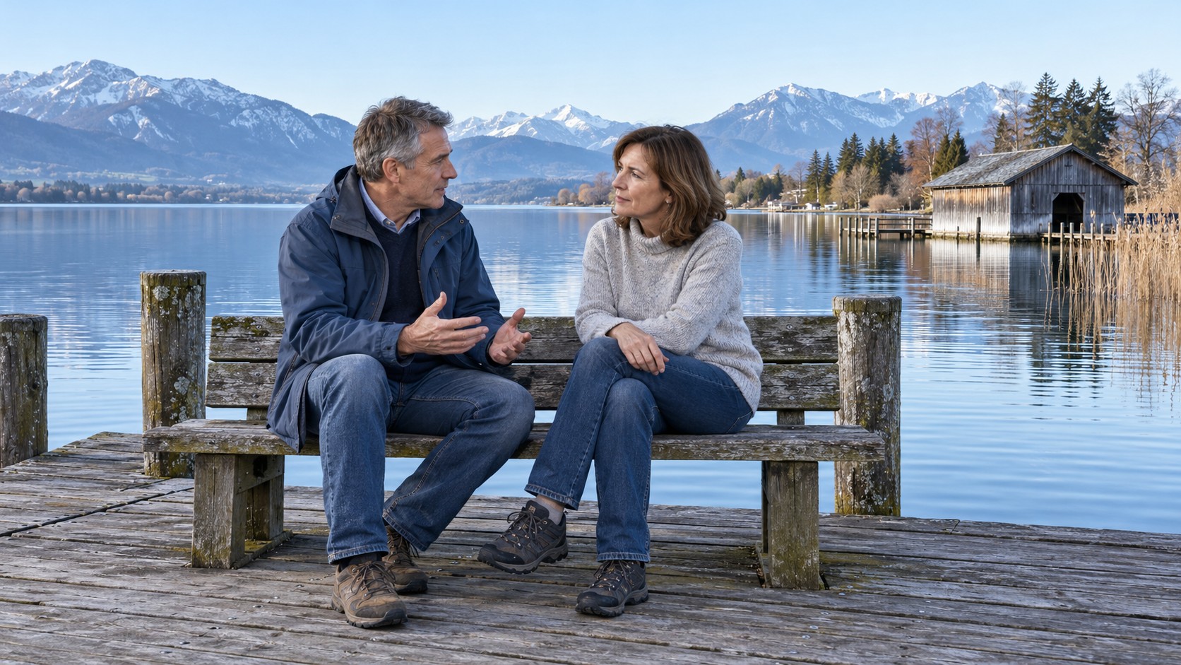 Mature couple talking on a wooden lakeside bench with mountains and a boathouse behind them.