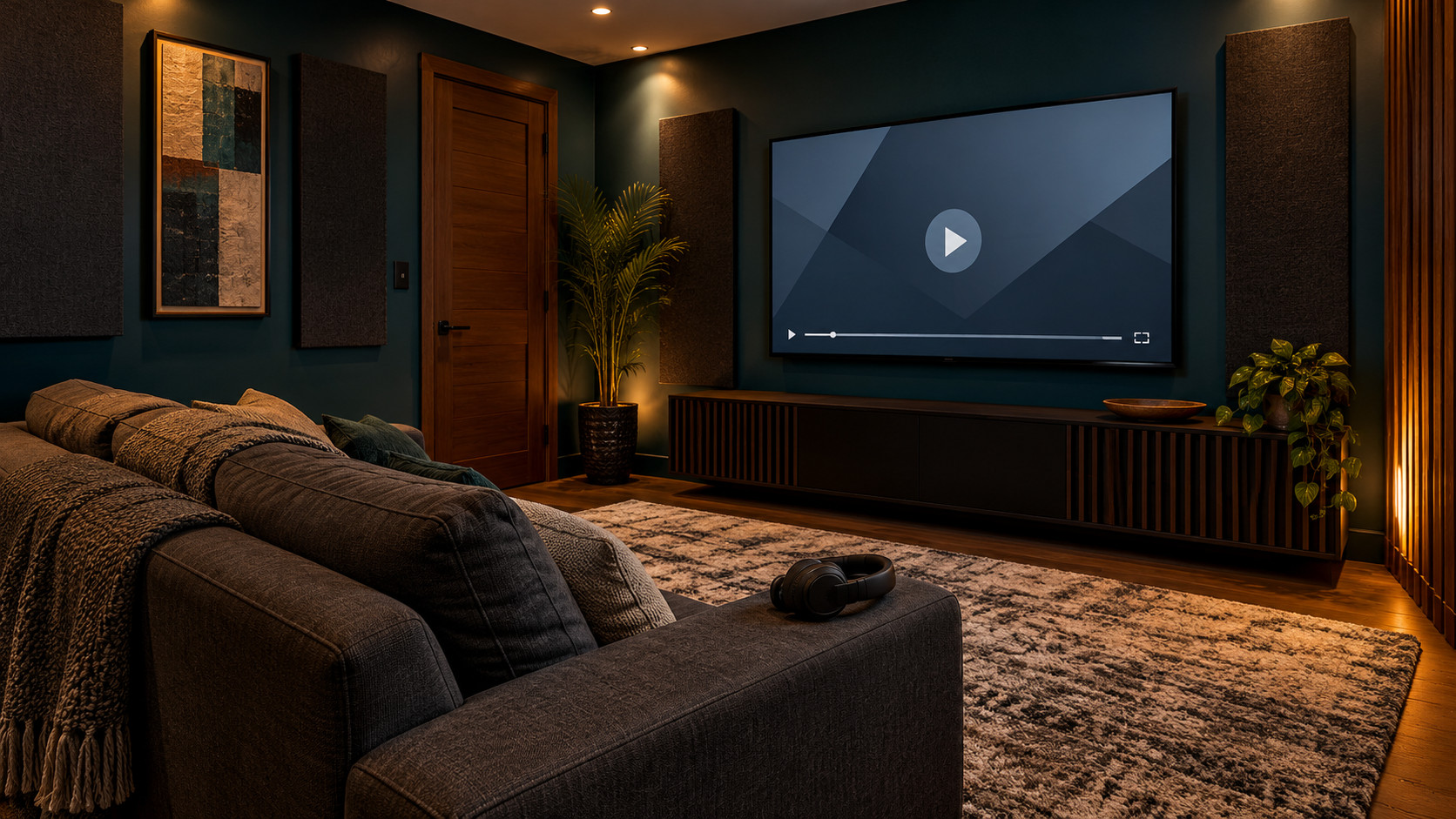 Private home media room with a paused video screen, charcoal sofa, headphones and warm lighting.