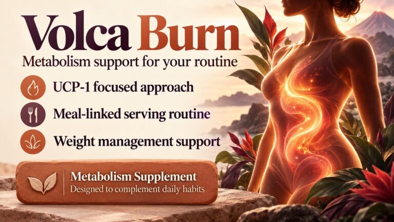 Volca Burn banner with metabolism-support messaging, a capsule above volcanic rock, and a sage supplement information panel.