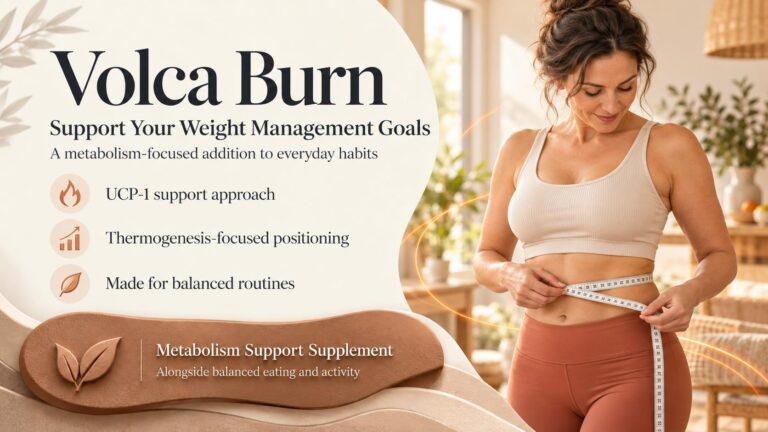Volca Burn: UCP-1 Support for Your Weight Management Goals Volca Burn banner with a woman measuring her waist, presenting a metabolism-focused supplement alongside balanced routines.