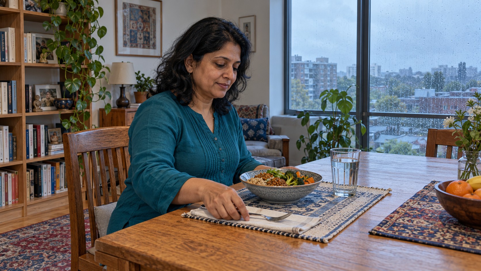 Woman preparing to eat a rice, lentil and vegetable lunch at a home dining table