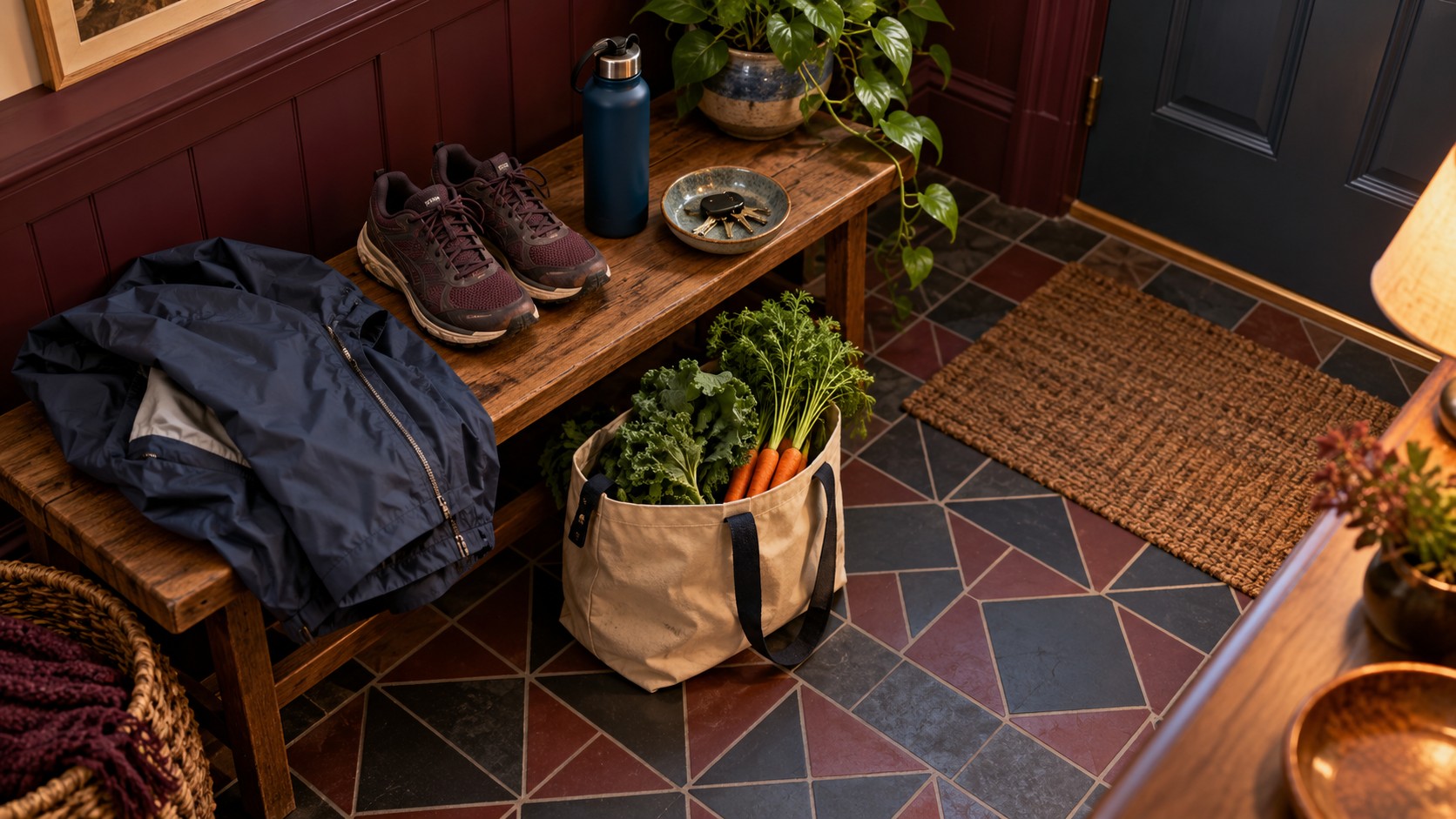 Walking shoes, a rain jacket, water bottle and grocery bag arranged in a tiled home entryway