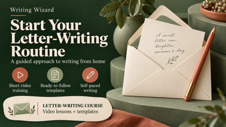 Writing Wizard banner with an ivory envelope and pencil, highlighting video training, letter templates and self-paced writing.