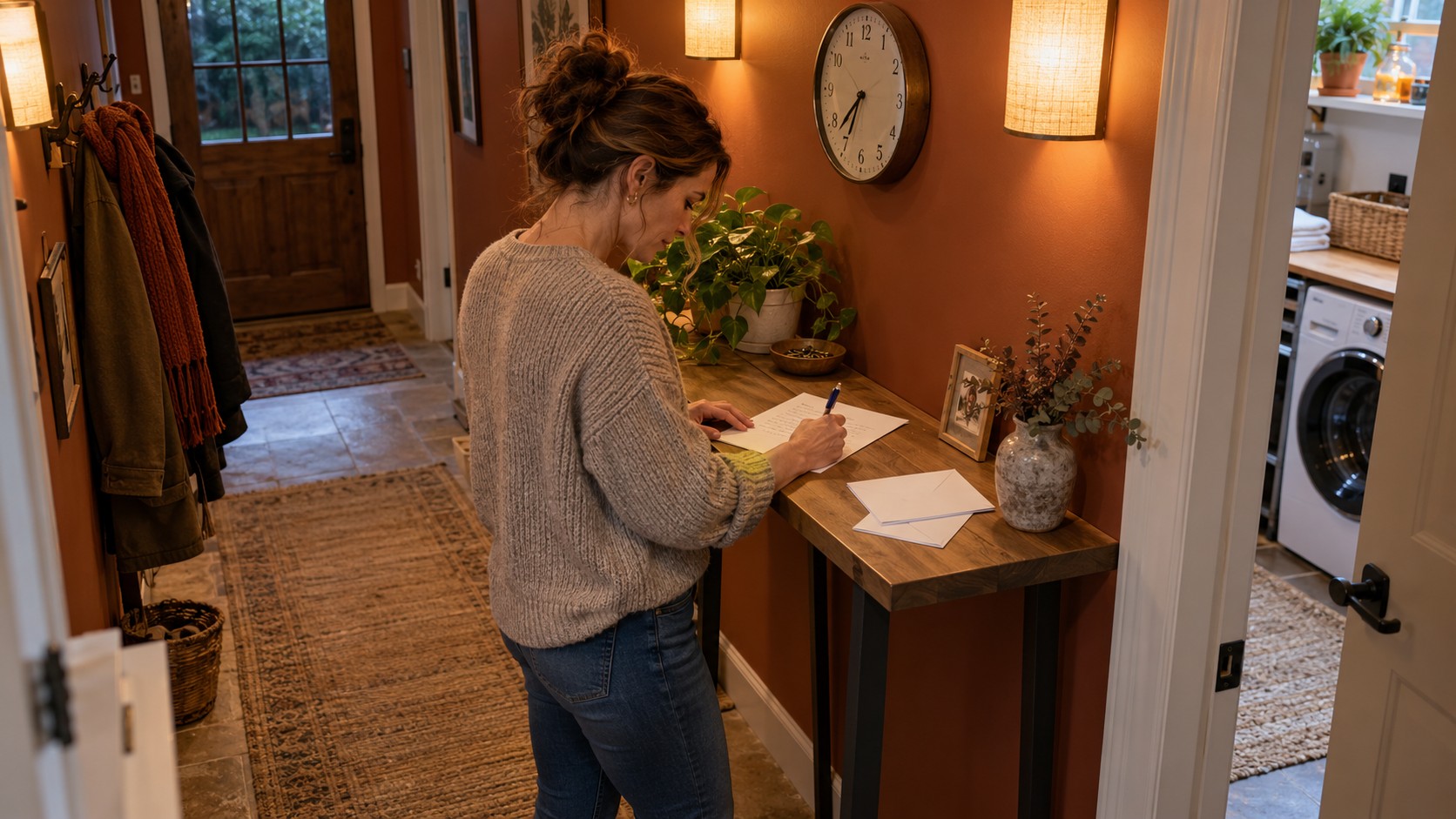 Woman writing a letter at a wooden console in a warmly lit terracotta hallway, with envelopes beside her.