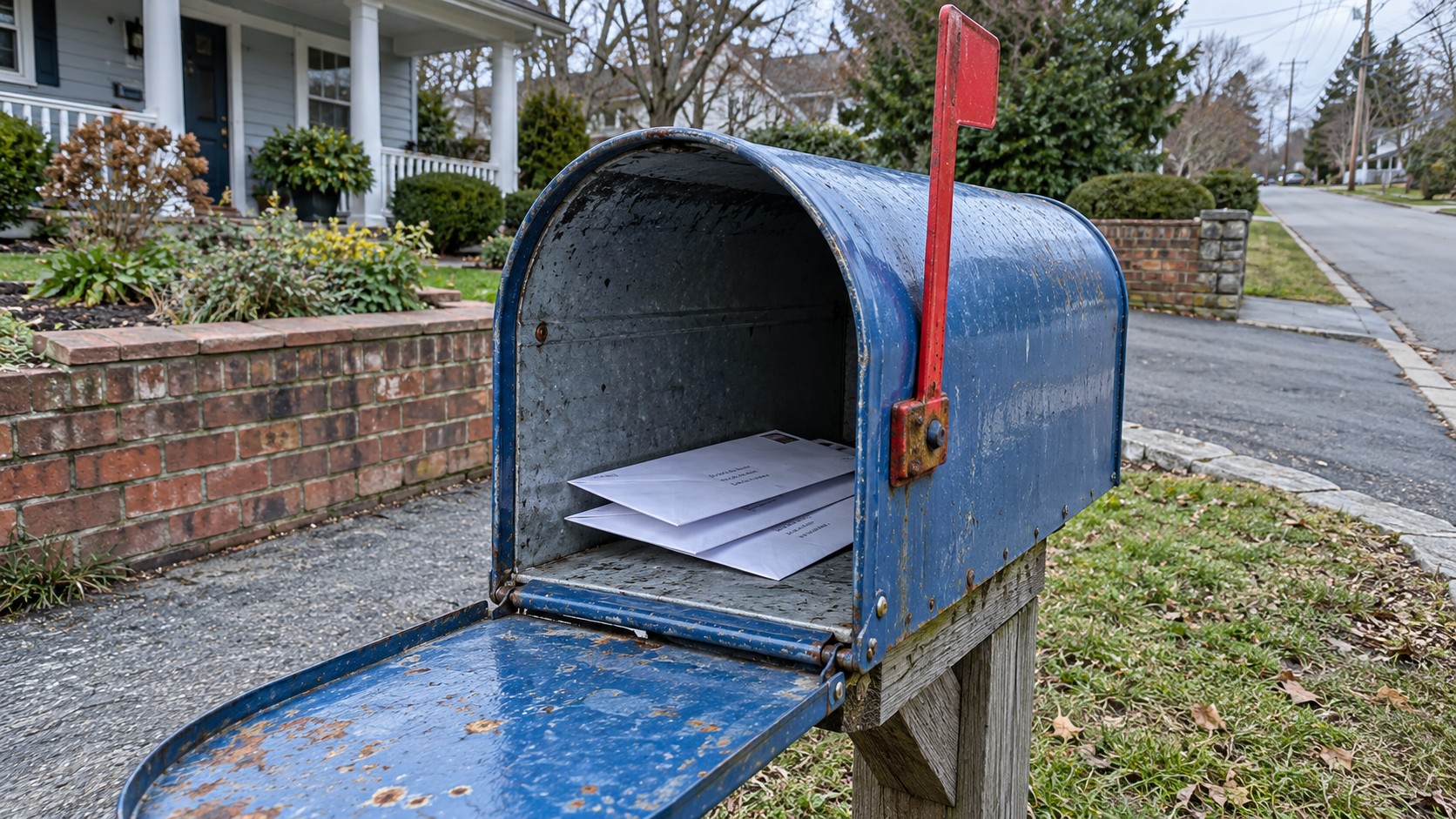 Open blue roadside mailbox holding white envelopes, with its red outgoing-mail flag raised beside a residential driveway.