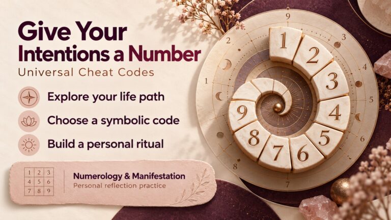 Universal Cheat Codes banner with ivory number tiles, three symbolic-practice benefits and a blush numerology information panel.