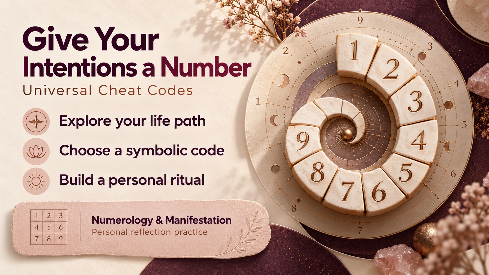 Universal Cheat Codes banner with ivory number tiles, three symbolic-practice benefits and a blush numerology information panel.