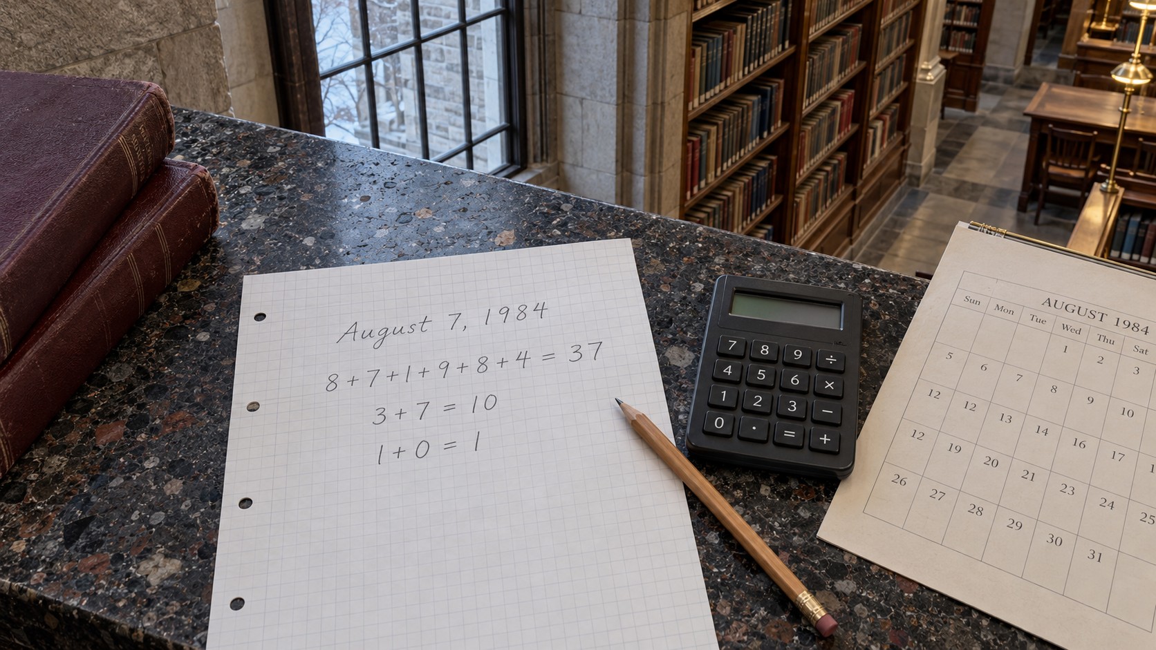 Birth-date numerology calculation on squared paper beside a calculator and calendar in a library alcove.
