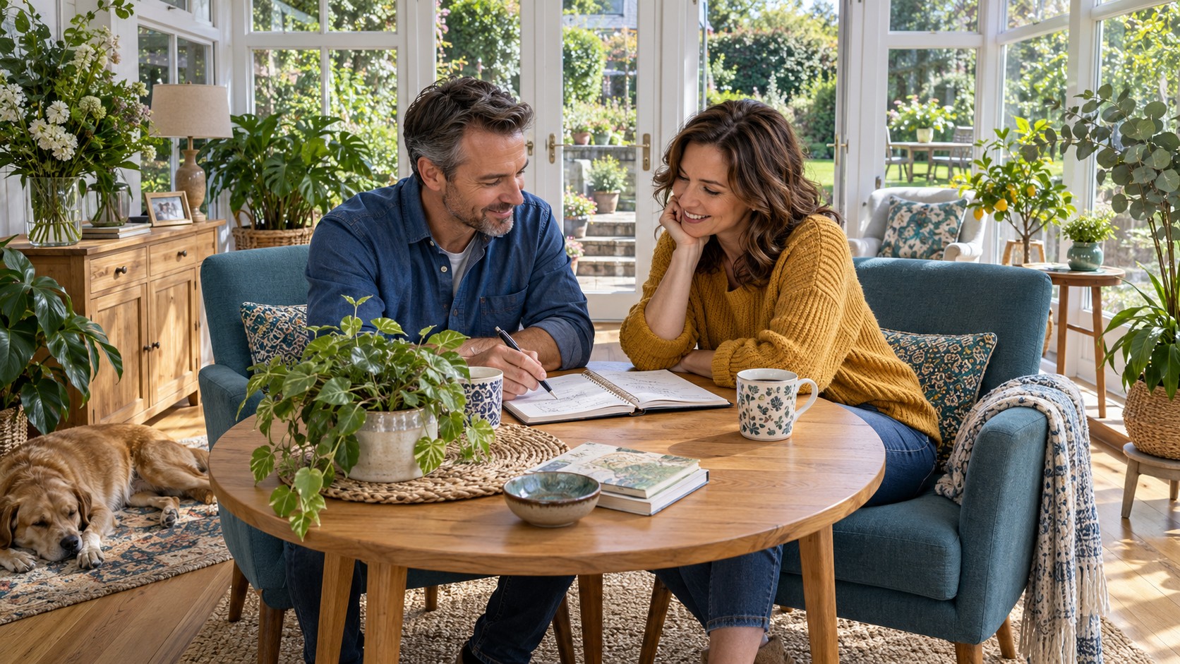 Adult couple discussing an open notebook over mugs at a wooden table in a bright, plant-filled conservatory.