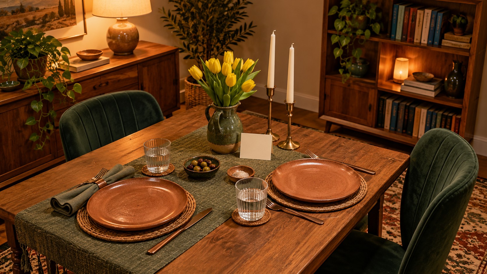 Wooden dining table set for two with terracotta plates, linen napkins, water glasses, yellow tulips, and candles in a warmly lit room.