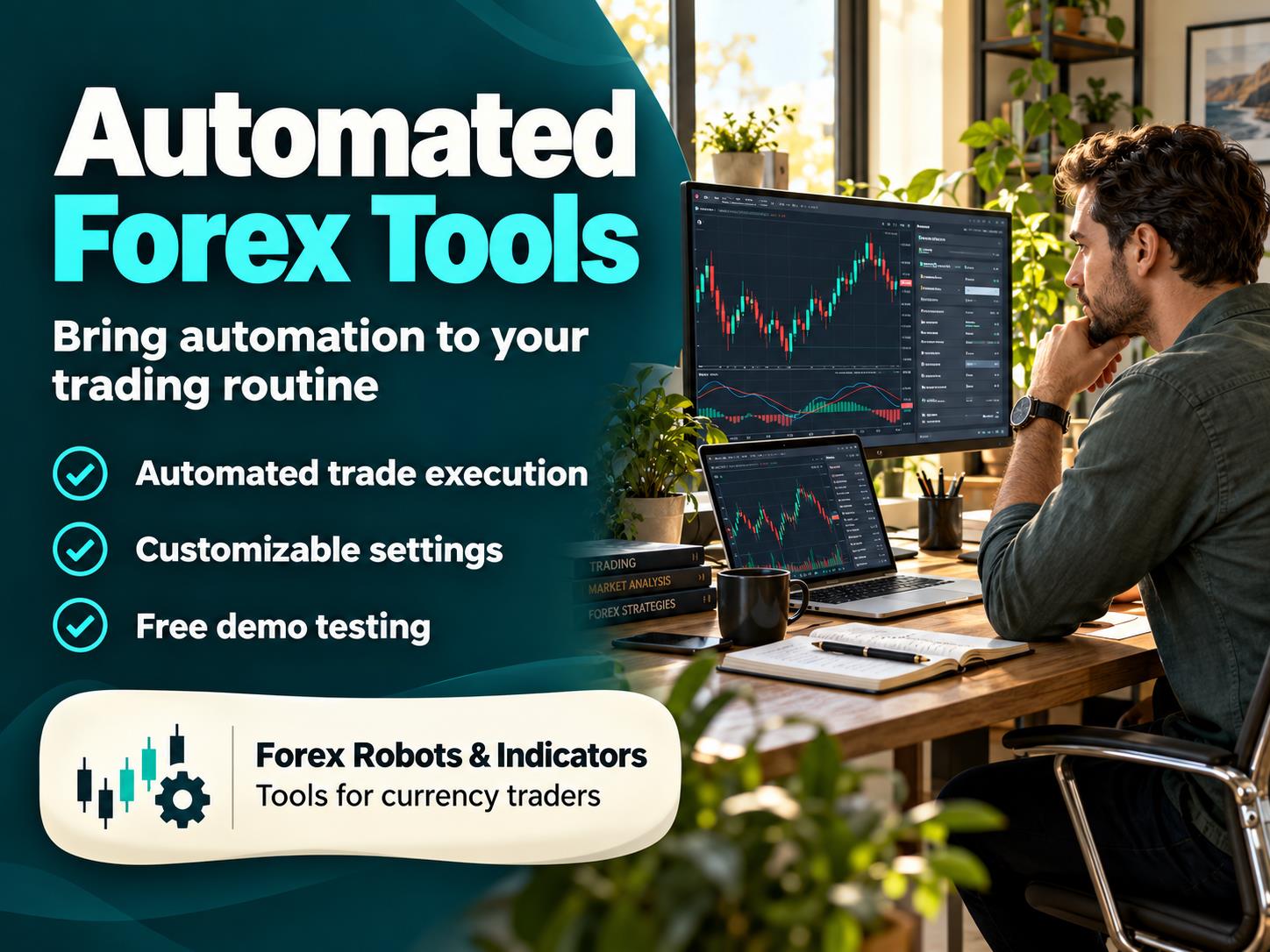 Automated Forex Tools banner with a man studying trading charts on a monitor and laptop, presenting forex robots and indicators.