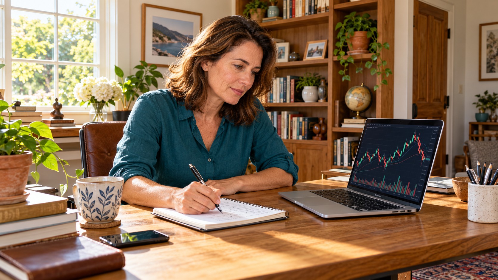 Woman writing trading notes beside a laptop displaying currency charts in a sunlit home office.