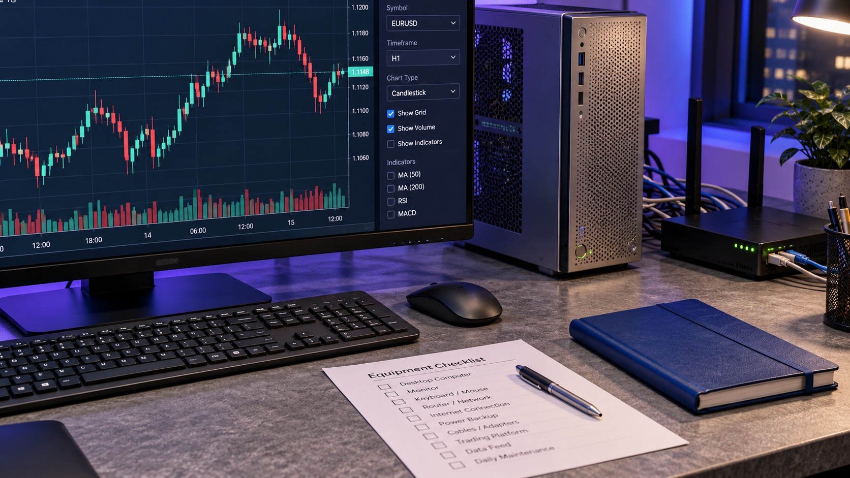 Currency chart monitor, desktop computer, connected router and equipment checklist on an evening workstation.