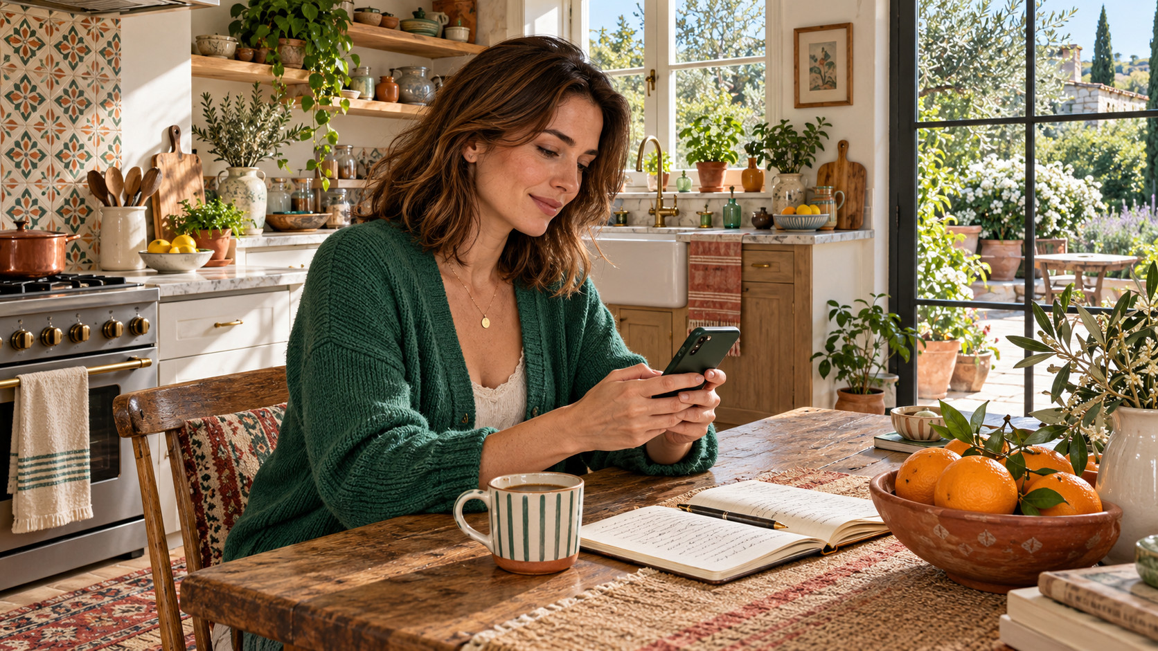 Woman in a green cardigan using her smartphone beside an open notebook and coffee cup in a sunlit kitchen