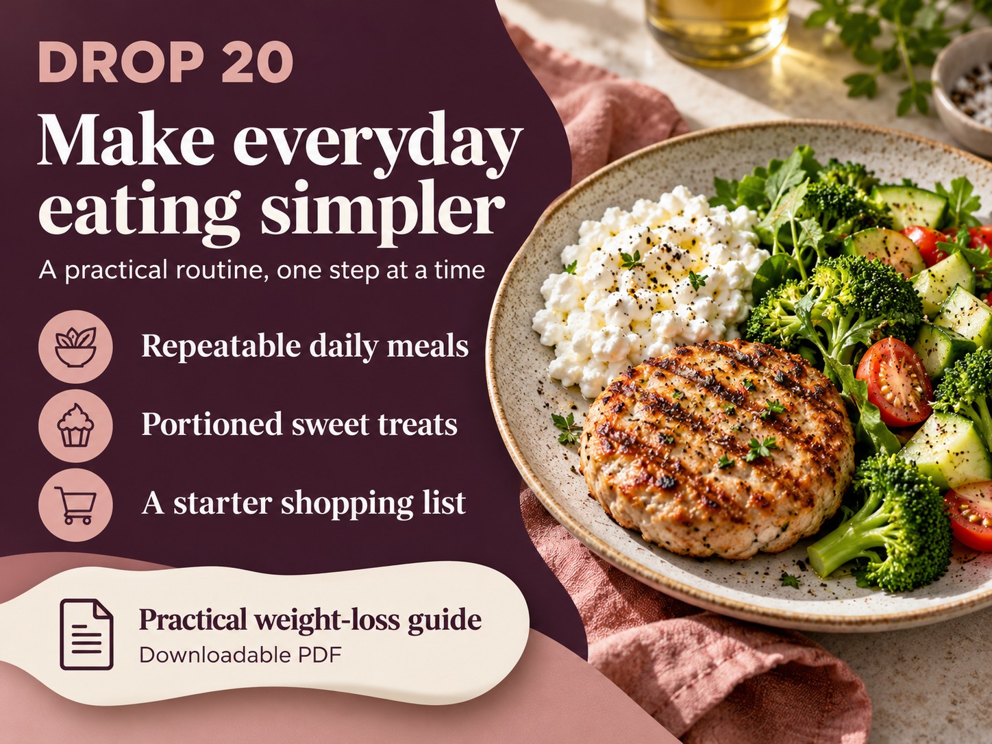 DROP 20 promotional banner featuring a turkey patty, cottage cheese and vegetables, three practical benefits and a downloadable PDF guide panel.
