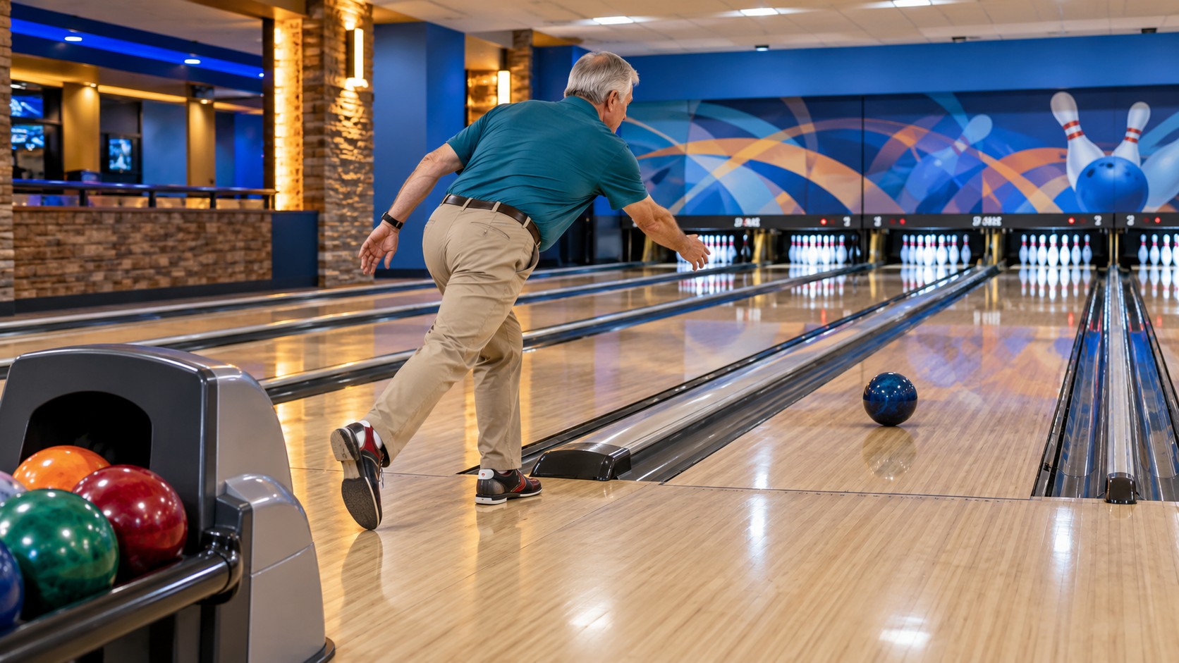 Older man bowling in a brightly lit bowling centre, with colourful balls in the foreground and polished lanes ahead.