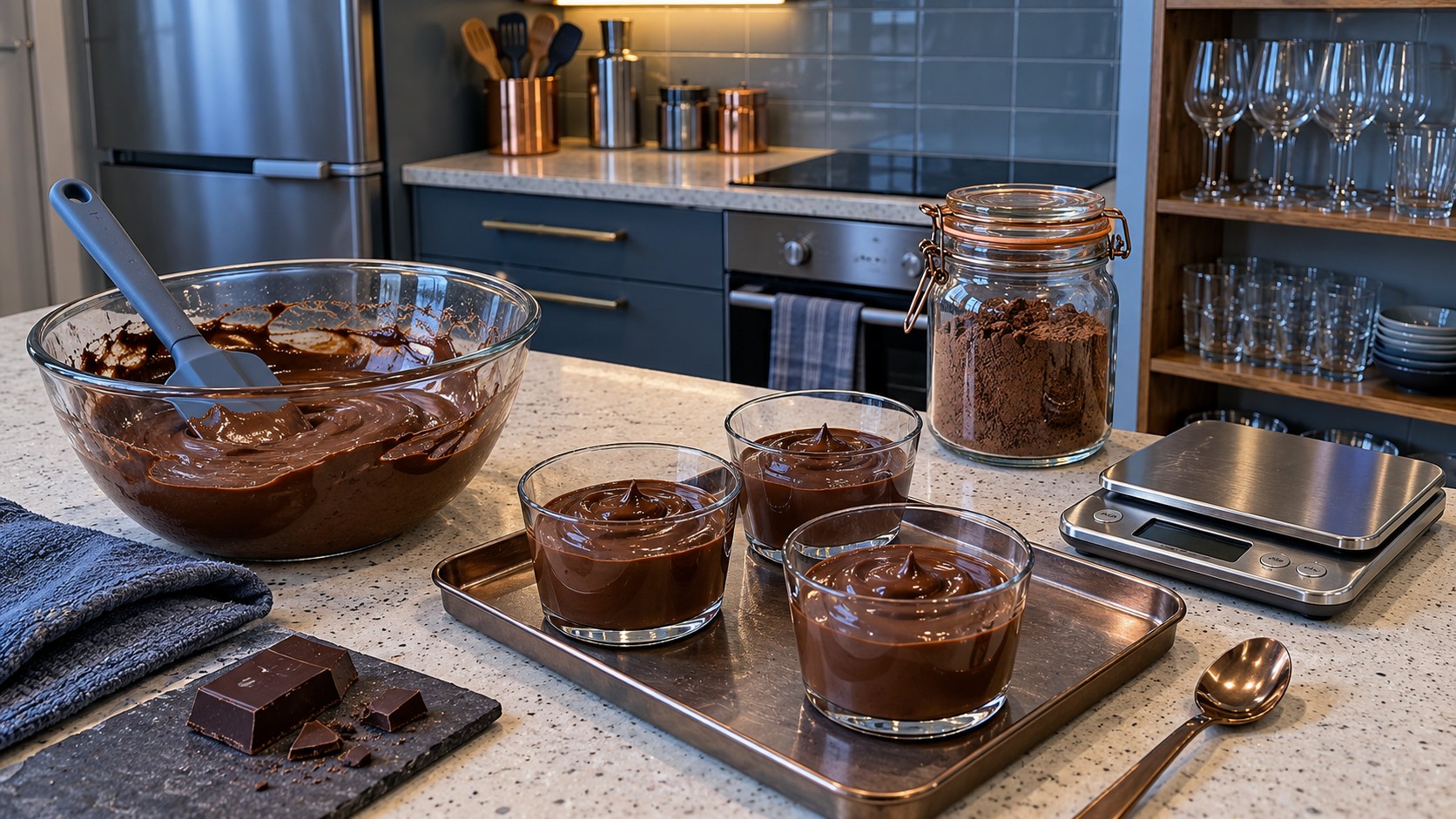Small chocolate dessert portions on a tray beside a mixing bowl and kitchen scale in a blue-grey kitchen.
