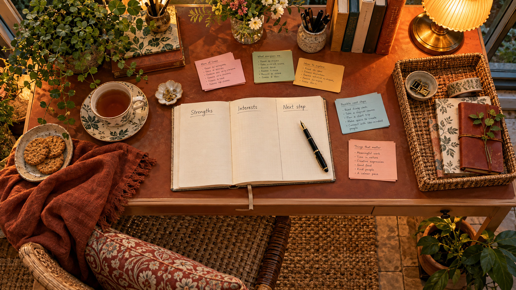 Open notebook labelled Strengths, Interests, and Next step on a warmly lit desk with tea and colourful note cards.