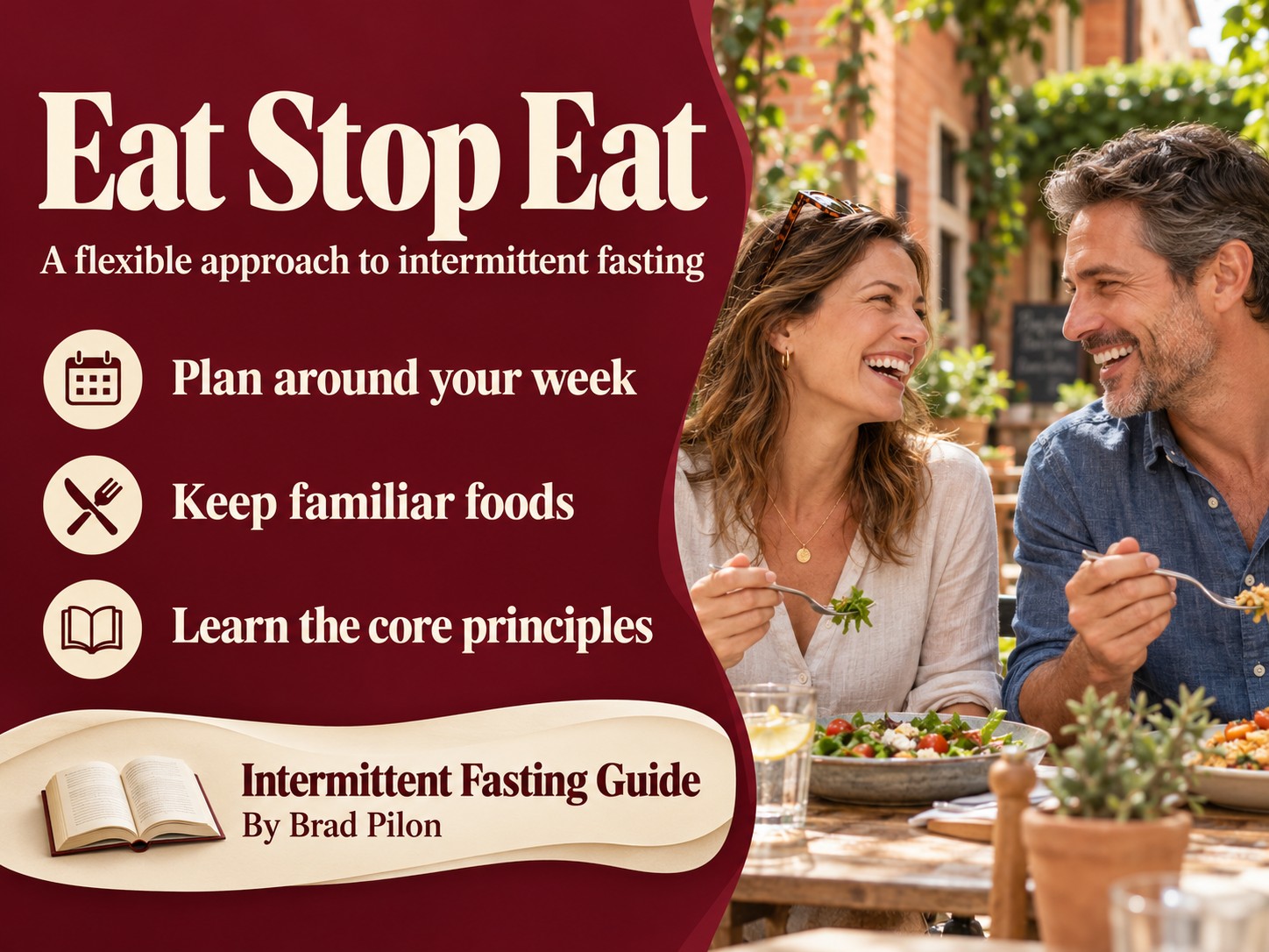 Burgundy Eat Stop Eat banner highlighting weekly planning, familiar foods and learning the principles, beside a couple sharing a café meal.