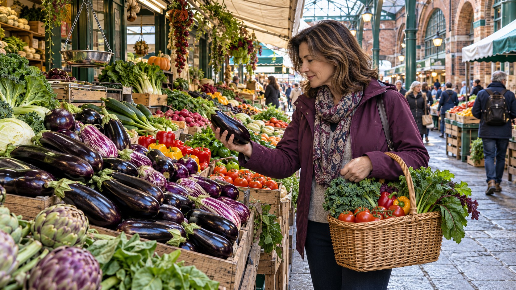 Woman selecting an aubergine at a covered produce market while carrying a basket of vegetables.