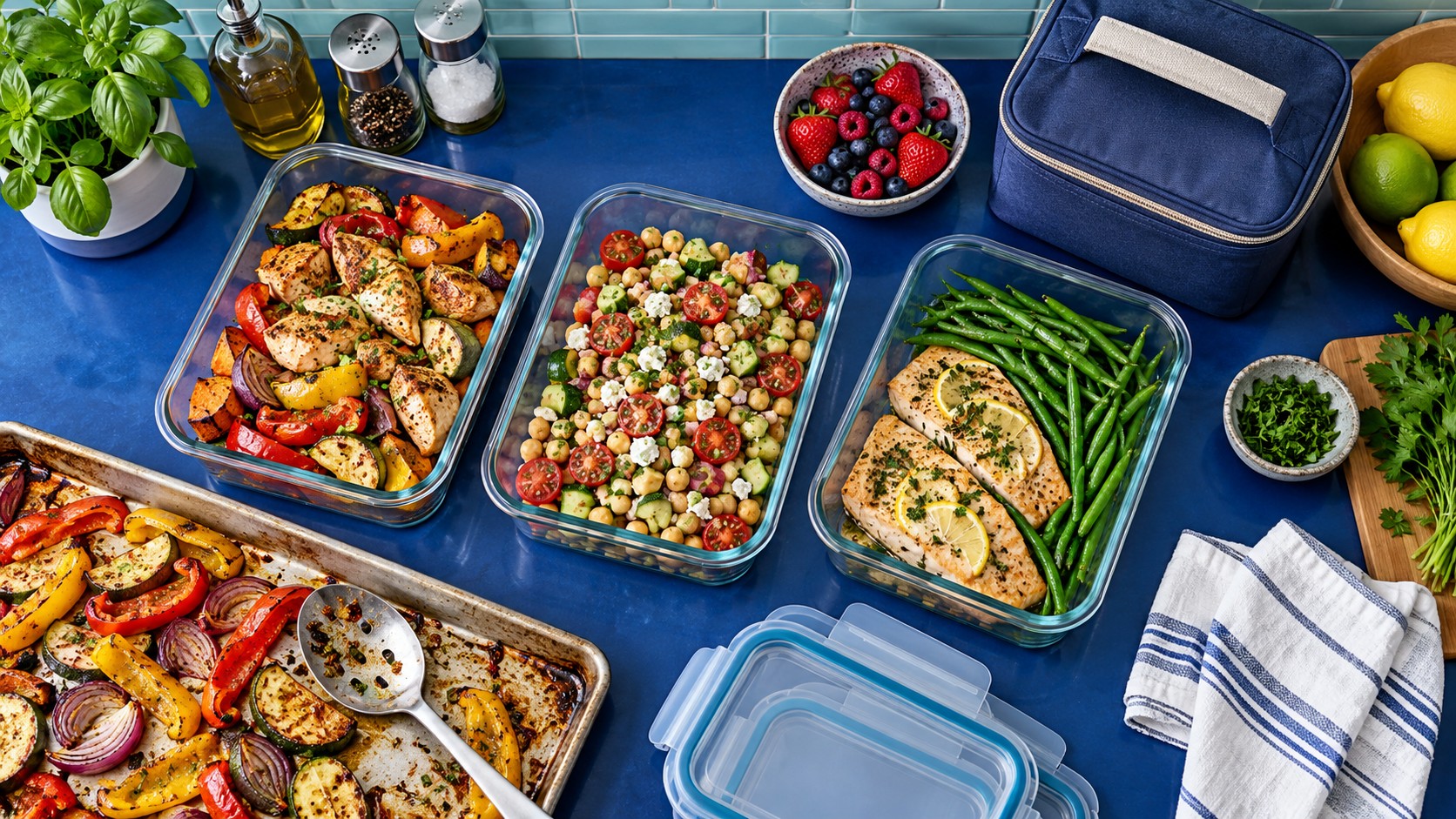 Overhead view of three glass containers with colourful meals, berries and a lunch bag on a blue kitchen counter.