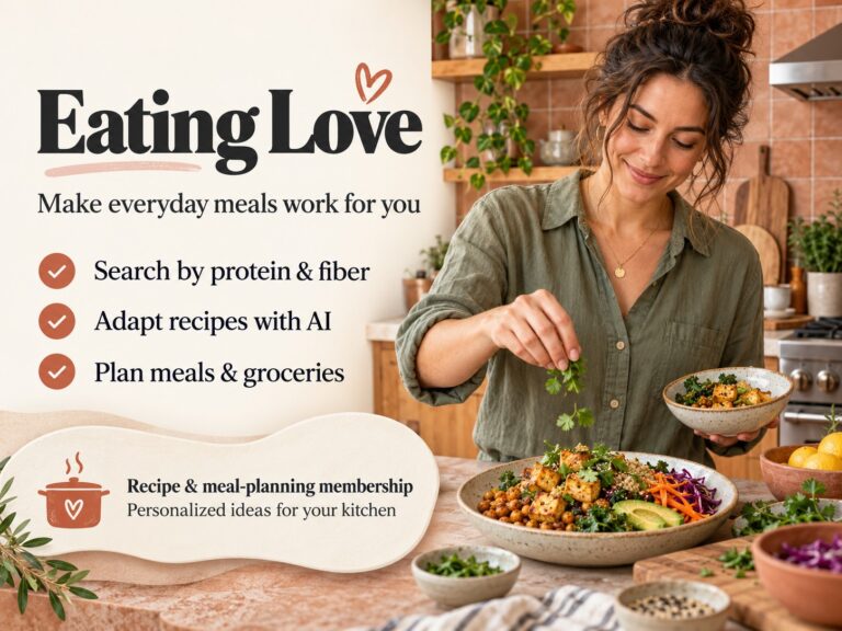 Eating Love promotional banner featuring a woman preparing a colorful meal, recipe-search benefits and membership information.