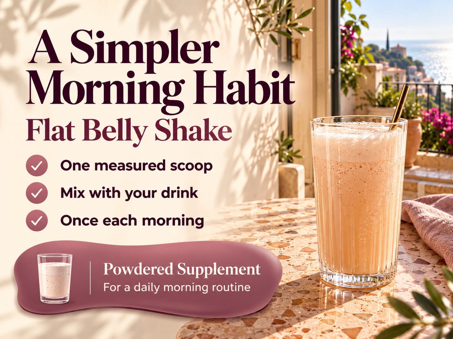Flat Belly Shake promotional banner with a peach-coloured drink, three preparation benefits and a powdered supplement information panel