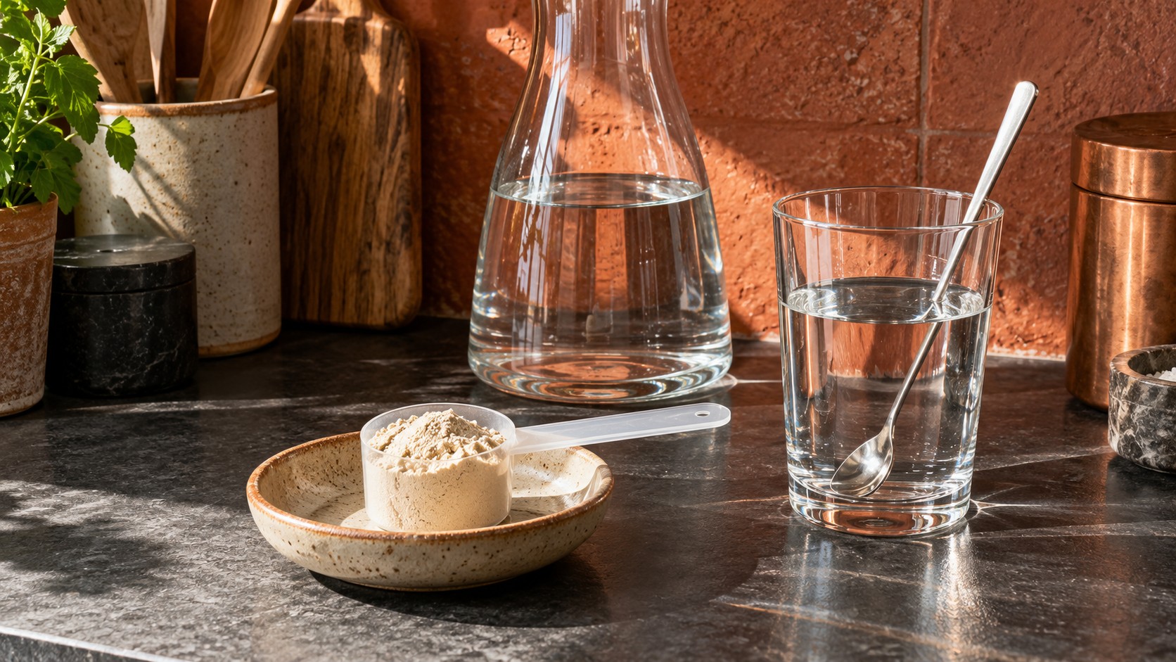 A scoop of pale powder in a ceramic dish beside a glass of water, stirring spoon and carafe on a dark kitchen counter.