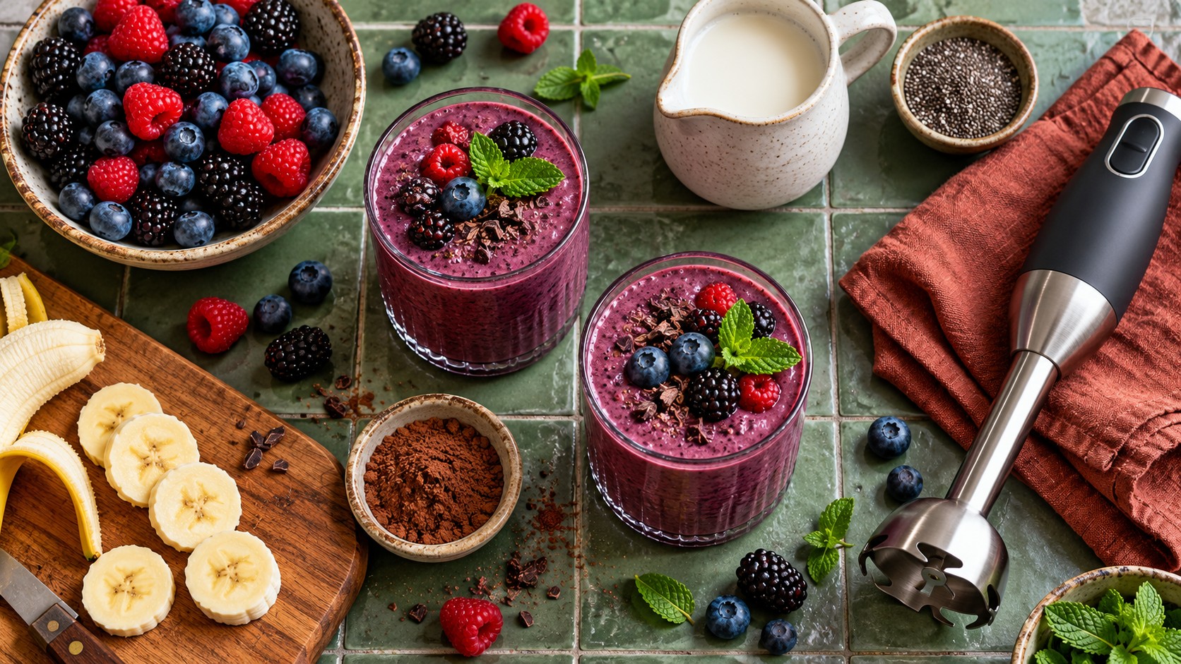 Overhead view of two berry smoothies, fruit, cocoa, a milk jug and an immersion blender on a green tiled counter.